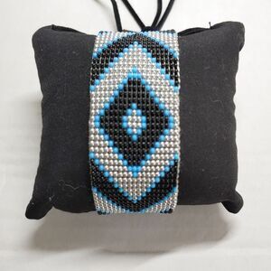 Loomed Beaded Bracelet Black, Blue and Silver